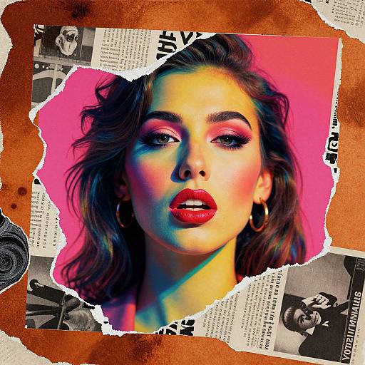 Photograph-style digital art of a woman with vibrant pink and blue makeup, red lips, wavy brown hair, hoop earrings, against a torn newspaper