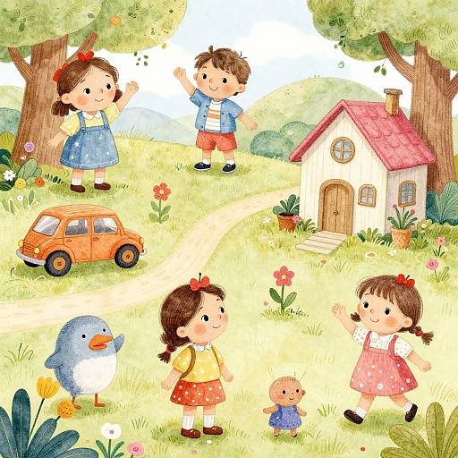 Whimsical digital drawing of four children with brown hair, in colorful clothes, playing in a sunlit, flower-filled garden with a small house,