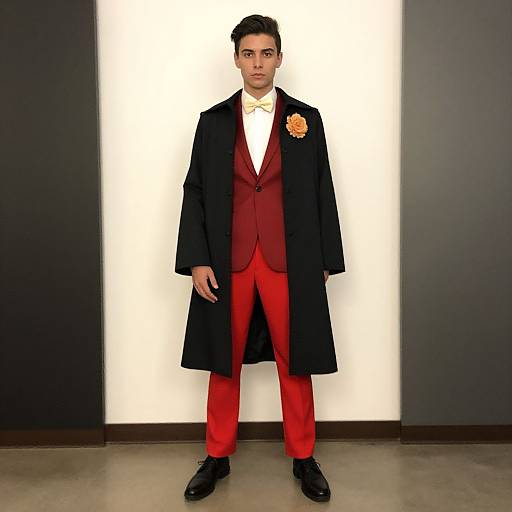 Photograph of a young man in a black overcoat, red suit, white shirt, bow tie, and orange flower boutonniere, standing