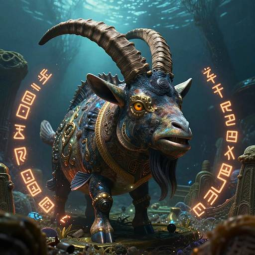 Mythological Goathead Fish with Ruins