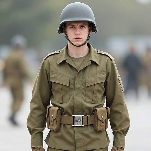 Photograph of a serious young white woman in World War II-era military uniform, wearing a steel helmet, with brown pouches on her belt, standing