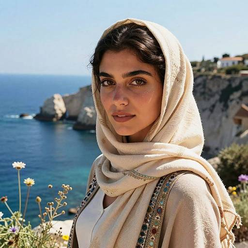 Photograph of a beautiful woman with dark hair, wearing a white embroidered headscarf, standing against a coastal cliff backdrop with blue sea and flowers.