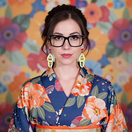 Woman in Floral Kimono with Neon Accessories