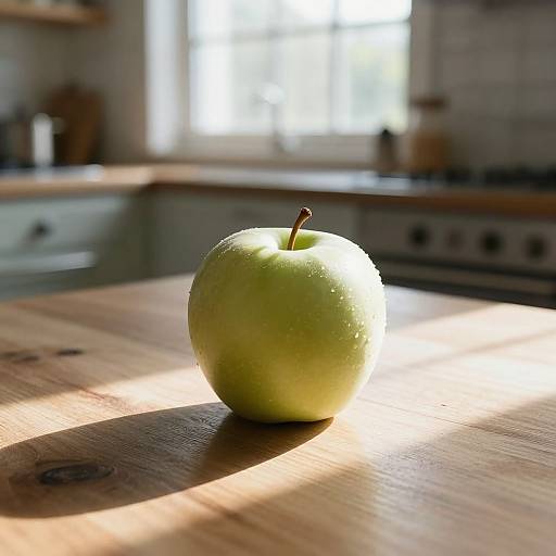Photograph of a green apple with droplets of water, bathed in sunlight, on a wooden kitchen countertop in a sunlit, modern kitchen