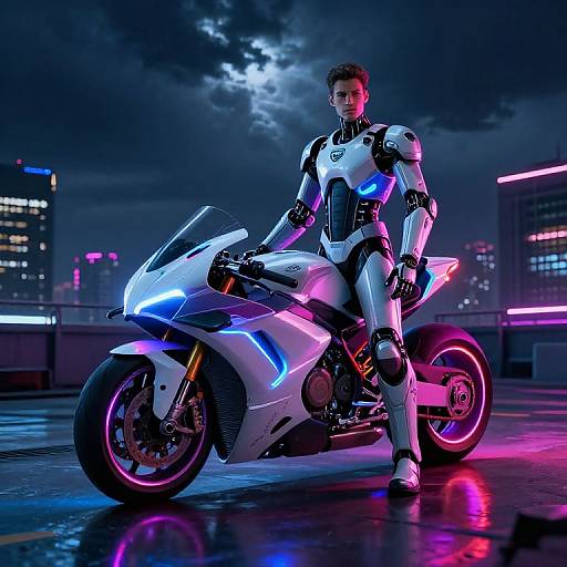 Cyberpunk scene: A male robotic humanoid with white and black armor, neon lights, stands confidently on a glowing, futuristic white motorcycle, under a