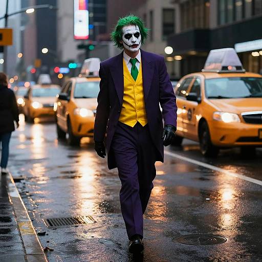 Photograph of Joker in a black suit, yellow vest, green hair, white face paint, and black gloves walking on a wet, rain-soaked