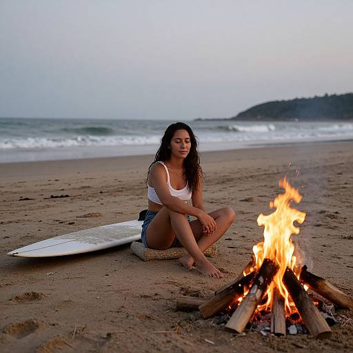 Photograph of a young woman with long brown hair, wearing a white tank top and denim shorts, sitting by a beach campfire, surfboard behind