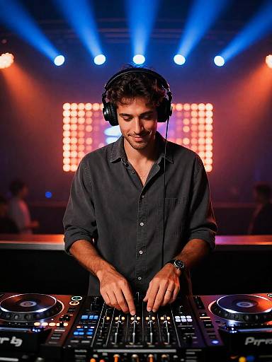 Tan-Skinned DJ Behind Neon Booth