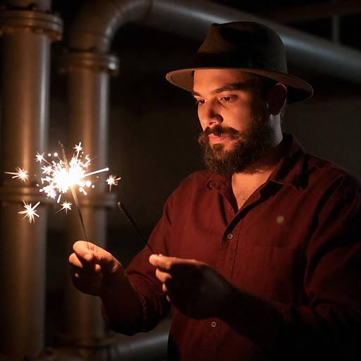Man Lighting Sparklers by Industrial Pipes