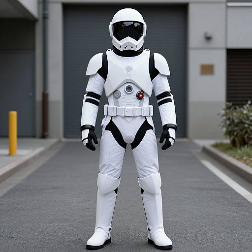 Photograph of a white astronaut costume with black accents, standing on a gray urban street, featuring red and green buttons on chest.