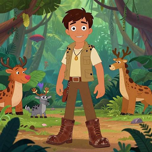 Digital cartoon of a smiling boy with brown hair, wearing a beige vest, brown pants, and boots, standing in a vibrant jungle with two deer,