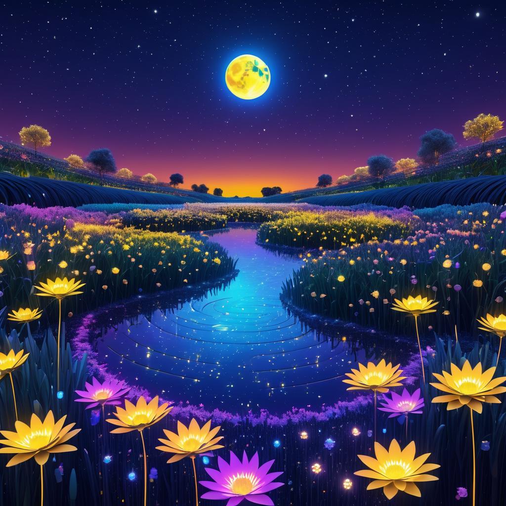 Glowing Flowers Under Moonlit Fantasy Sky