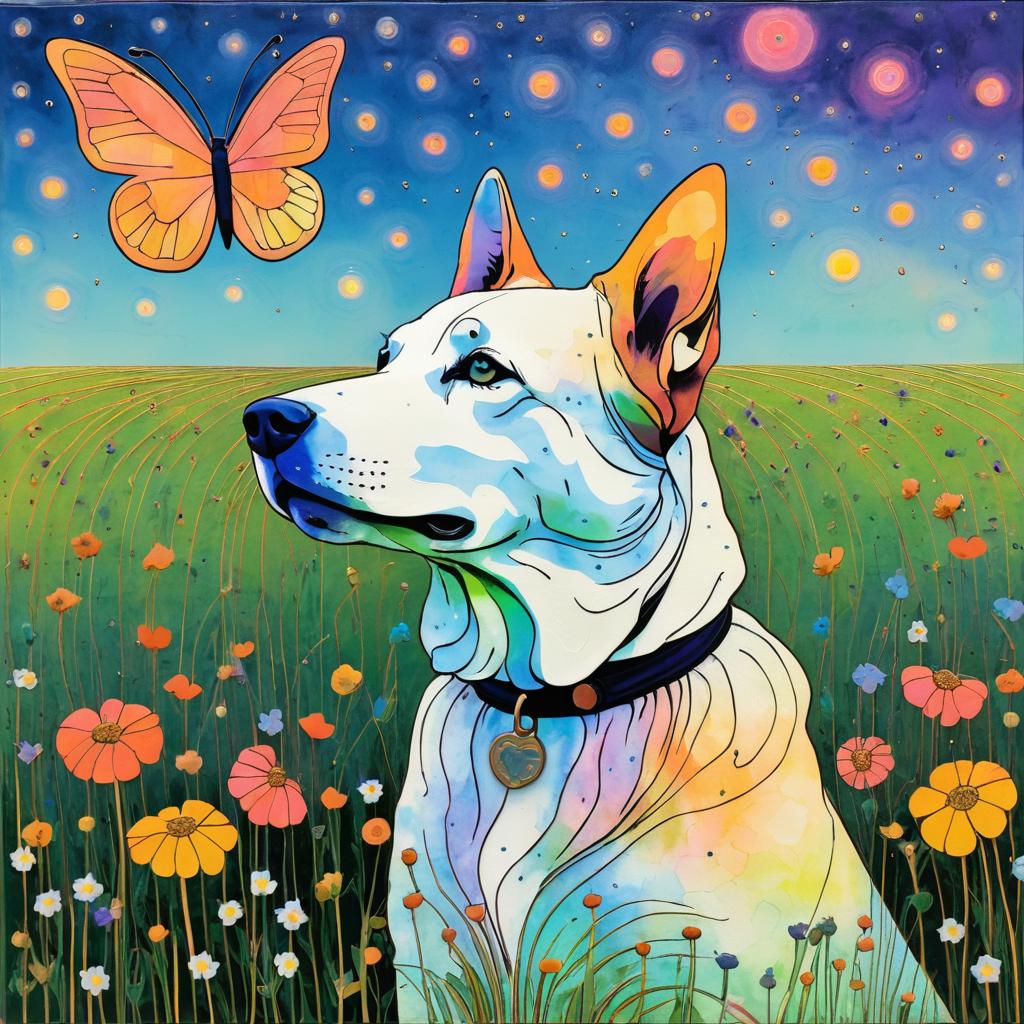 Loyal Dog with Butterfly in Wildflowers