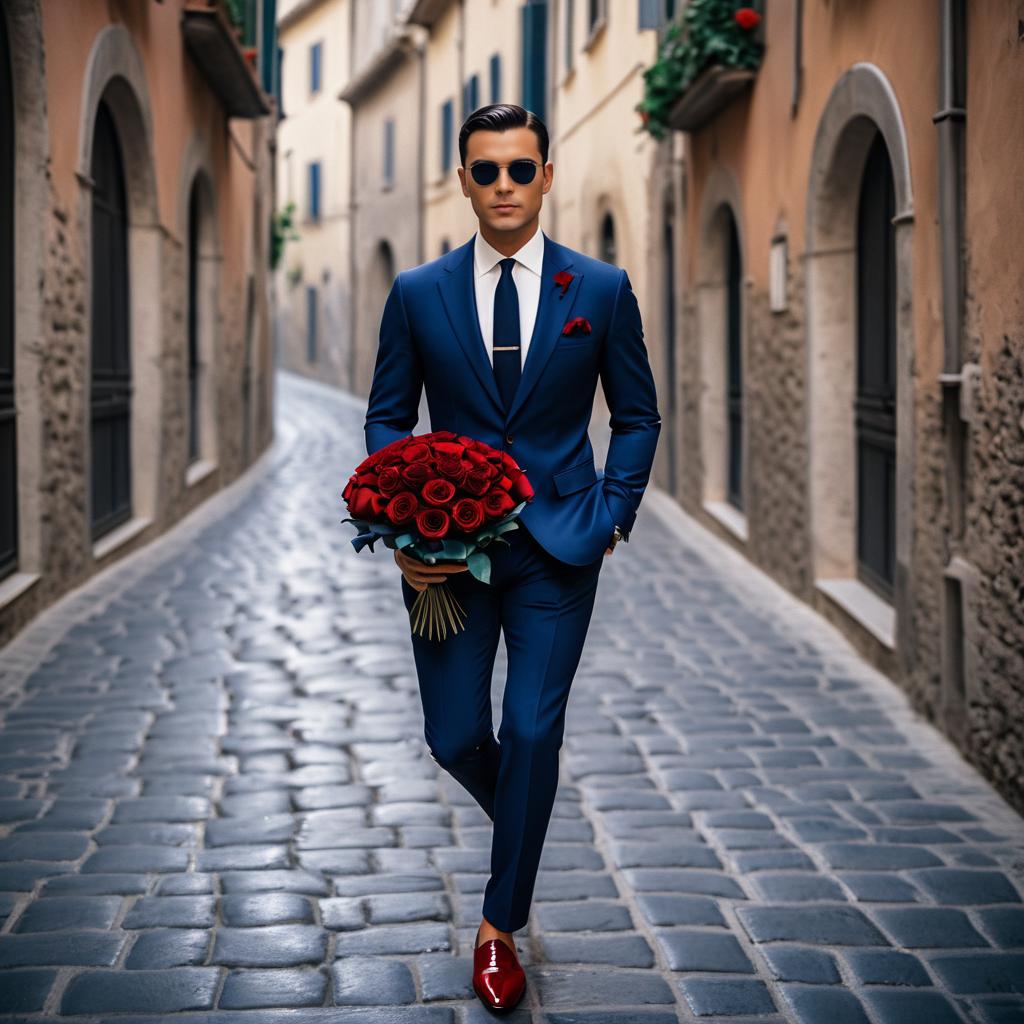 Elegant Man with Roses on Italian Streets