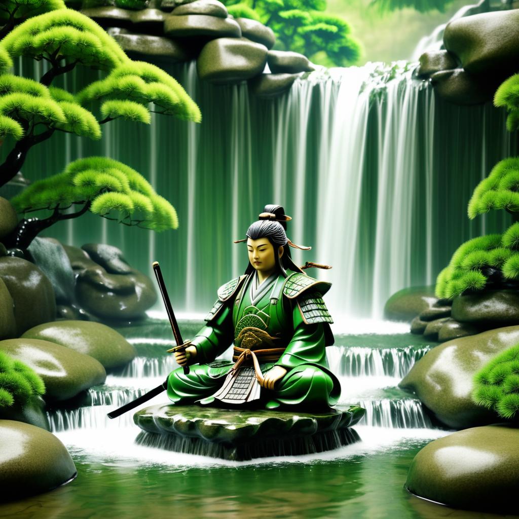 Tranquil Samurai Meditating by Waterfall