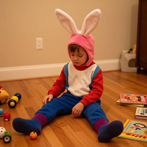 Photograph of a young child with brown hair, wearing a pink bunny hooded onesie, red shirt, and blue pants, sitting on wooden floor