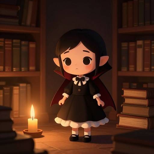 CGI chibi-style vampire child with black dress, white frills, red cape, and pointed ears stands in dimly lit library, candlelit