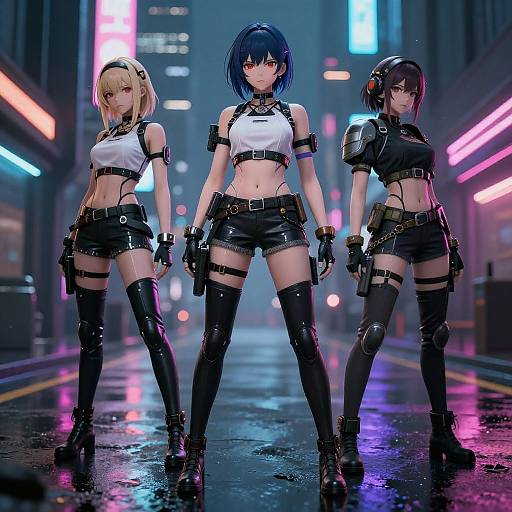CGI anime-style image of three fierce, cyborg-like women in neon-lit urban street, wearing black leather harnesses, gloves, shorts,