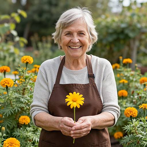 Photograph of smiling elderly woman with short gray hair, wearing white sweater and brown apron, holding yellow daisy in vibrant garden with orange marig