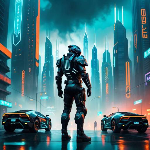 Heroic Figure in Neon Cyberpunk City