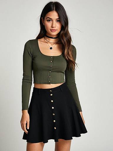 Woman in Olive Green Top and Black Skirt