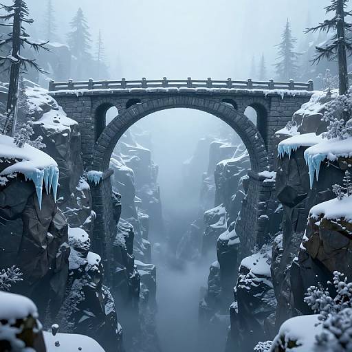 Snow-covered stone arch bridge with icicles, spanning a misty, rocky canyon surrounded by snow-laden evergreen trees, in a winter landscape.