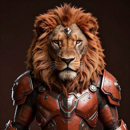 Photorealistic digital art of a majestic lion with a regal mane, wearing detailed, shiny red and black sci-fi armor, against a dark brown