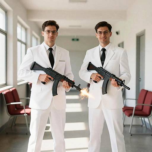 Stylish Duo with Guns in Modern Hallway