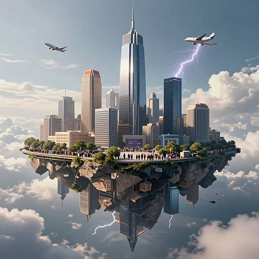 Digital illustration of a floating, reflective cityscape with skyscrapers, a lightning strike, two airplanes, and a crowd on a rocky island amidst clouds