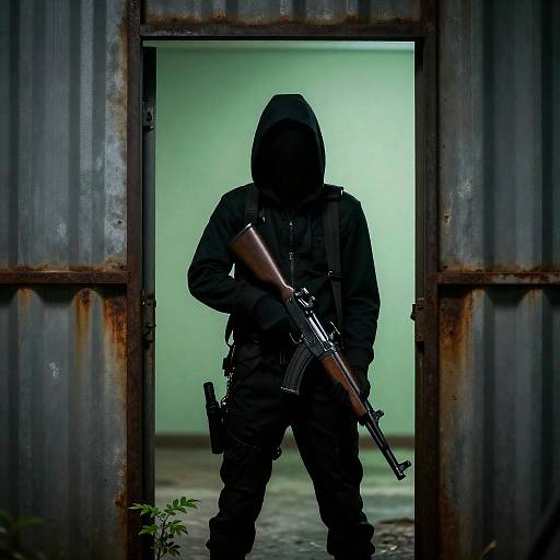 Silhouetted Hooded Figure with Rifle in Doorway