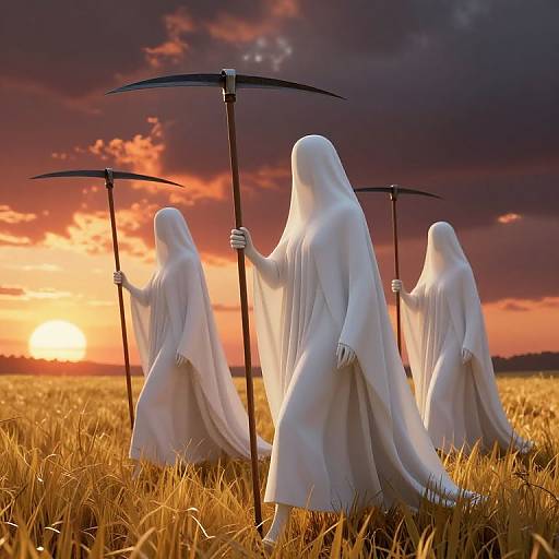 Photograph of four white-robed, faceless ghostly figures with scythe-like weapons standing in a golden field at sunset, under a dramatic,