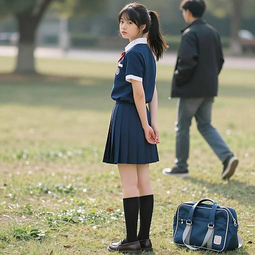Asian Girl in Blue School Uniform