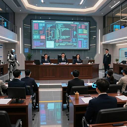 High-tech boardroom scene with six suited men, three in front and three in the back, facing a large, brightly lit screen displaying complex data grids