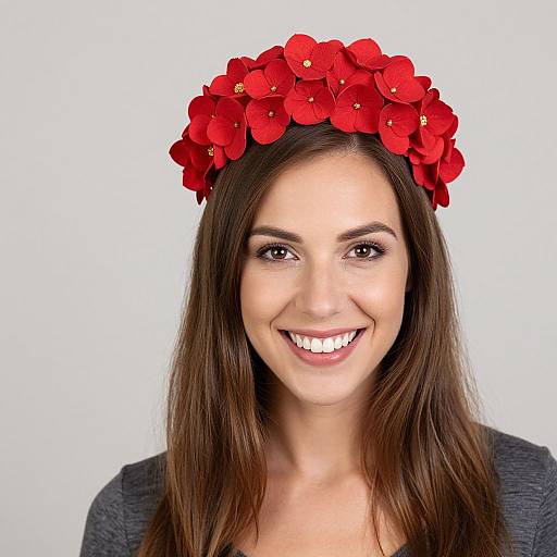 Photograph of a smiling woman with long brown hair, wearing a vibrant red flower headband, against a plain white background.