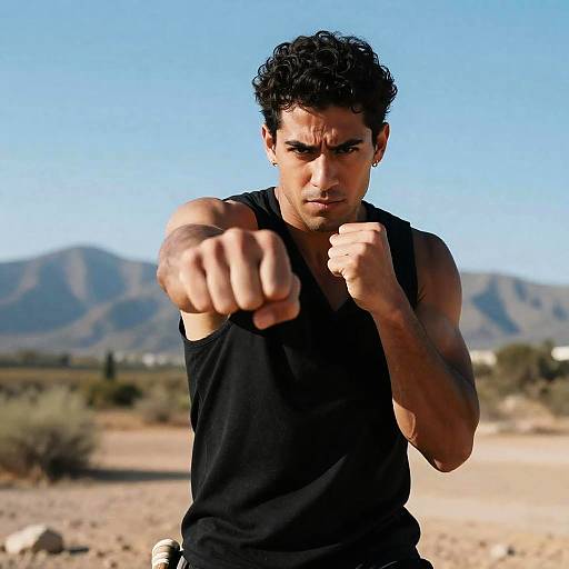 Determined Muscular Man Against Scenic Background