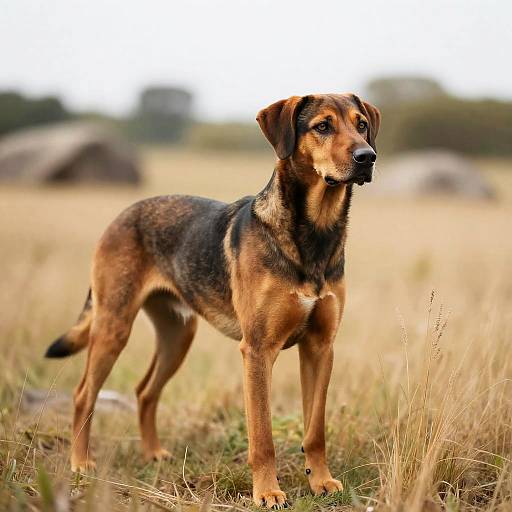 Calm Dog in Golden Grass Landscape