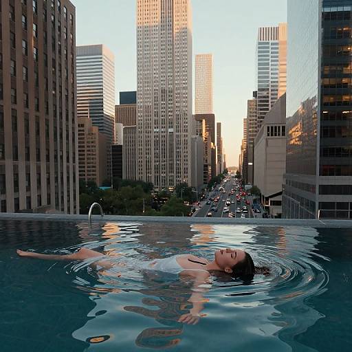 Photograph of an Asian woman with dark hair swimming in a rooftop pool, surrounded by tall skyscrapers at sunset in an urban cityscape. Reflection