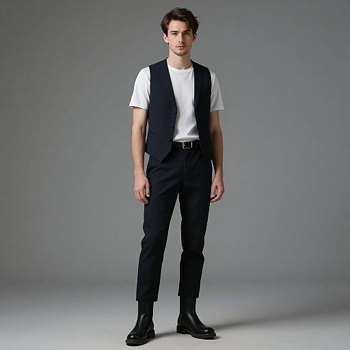 Photograph of a young man with short dark hair, white t-shirt, black vest, black pants, and black boots, standing against a gray background