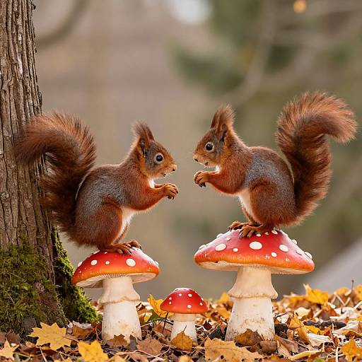Photograph of two red squirrels standing on red and white spotted mushrooms, facing each other, in a forest with fallen leaves.