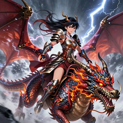 Digital anime artwork of a fierce, armored, dark-haired female warrior riding a fiery, red-and-black dragon amidst lightning and stormy clouds.