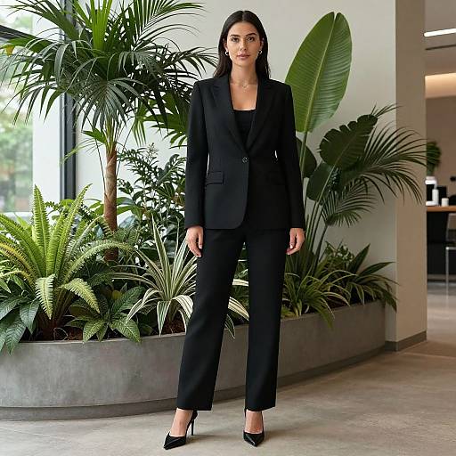 Photograph of a confident woman with long black hair, wearing a black blazer and pants, black heels, standing in a modern office with lush green