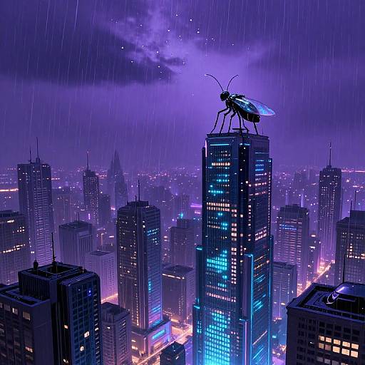 Digital artwork of a neon-lit cityscape at night, with a glowing, insect-like creature perched atop a skyscraper under a purple, rain