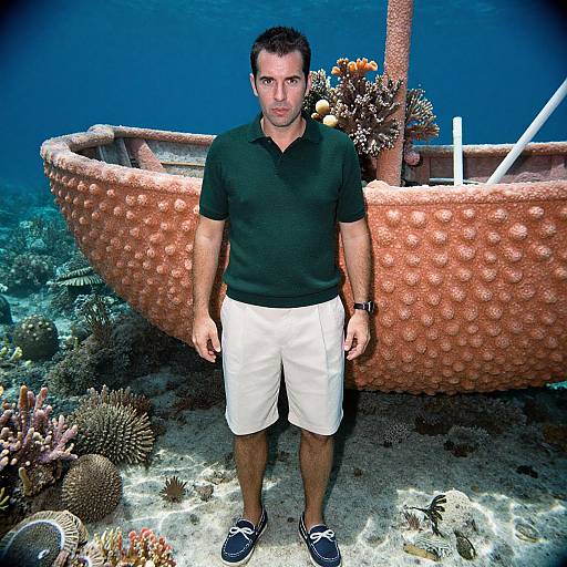 Photograph of a man with short dark hair in a black polo and white shorts, standing underwater beside a textured orange boat, surrounded by coral and marine