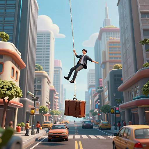 Digital CGI image of a man in a black suit, white shirt, and black tie, suspended mid-air by a rope, carrying a brown suitcase,