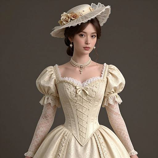 Photorealistic CGI of an elegant Asian woman in a Victorian-style cream dress with puffed sleeves, lace trim, and a flower-adorned hat