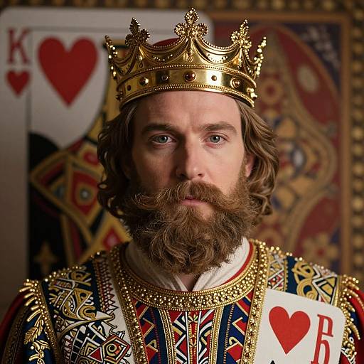 Photorealistic image of a bearded king with golden crown, ornate robes, wearing a King of Hearts playing card, serious expression.