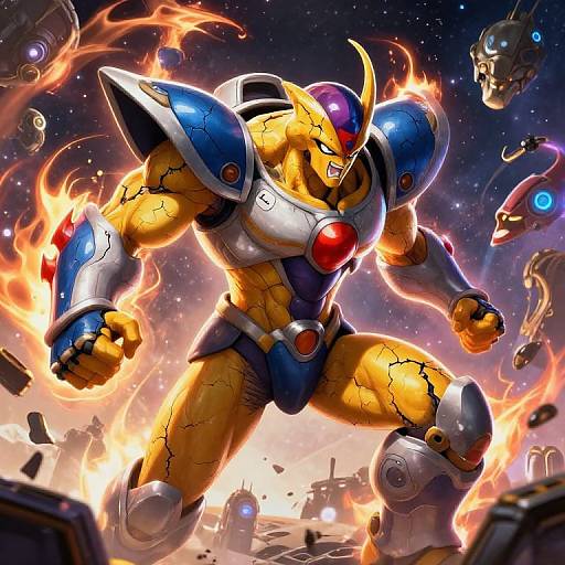 Digital artwork of Mega Man, a muscular yellow-skinned robot with blue armor, red gem, and cracked skin, surrounded by flames and robotic debris in