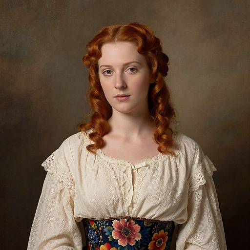 Photograph of a pale-skinned, red-haired woman with curly hair, wearing a white lace blouse and floral corset, against a dark gradient background