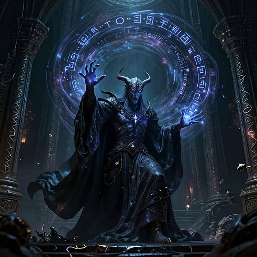 Digital artwork: Dark, horned demon king with glowing blue hands and eyes, seated on throne in ornate, blue-lit temple, surrounded by