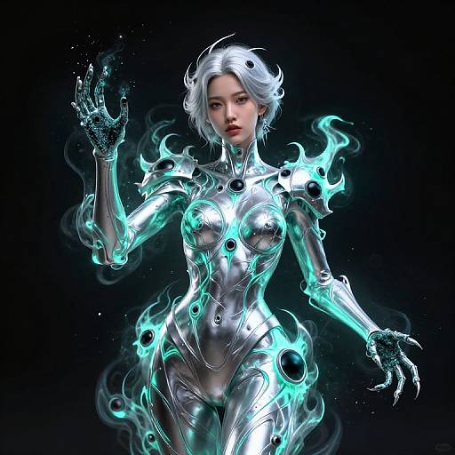 CGI image of a silver, robotic, glowing woman with white hair, blue neon accents, and ethereal flames against a black background.